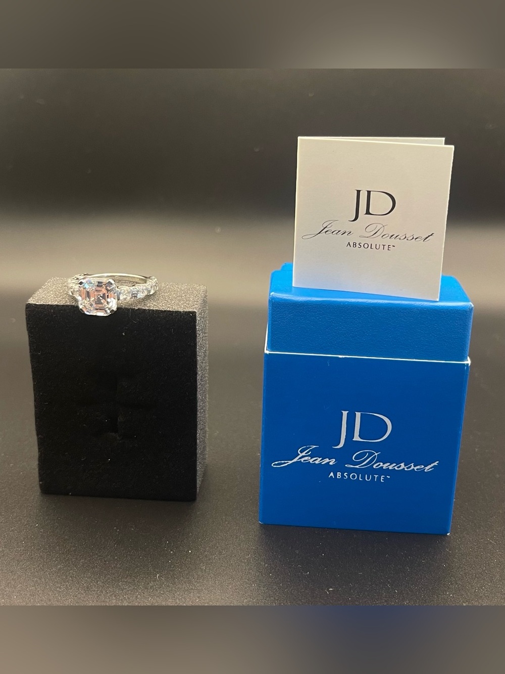 Nib Jean Dousset Absolute platinum over .925 Sterling silver Asscher cut ring 8